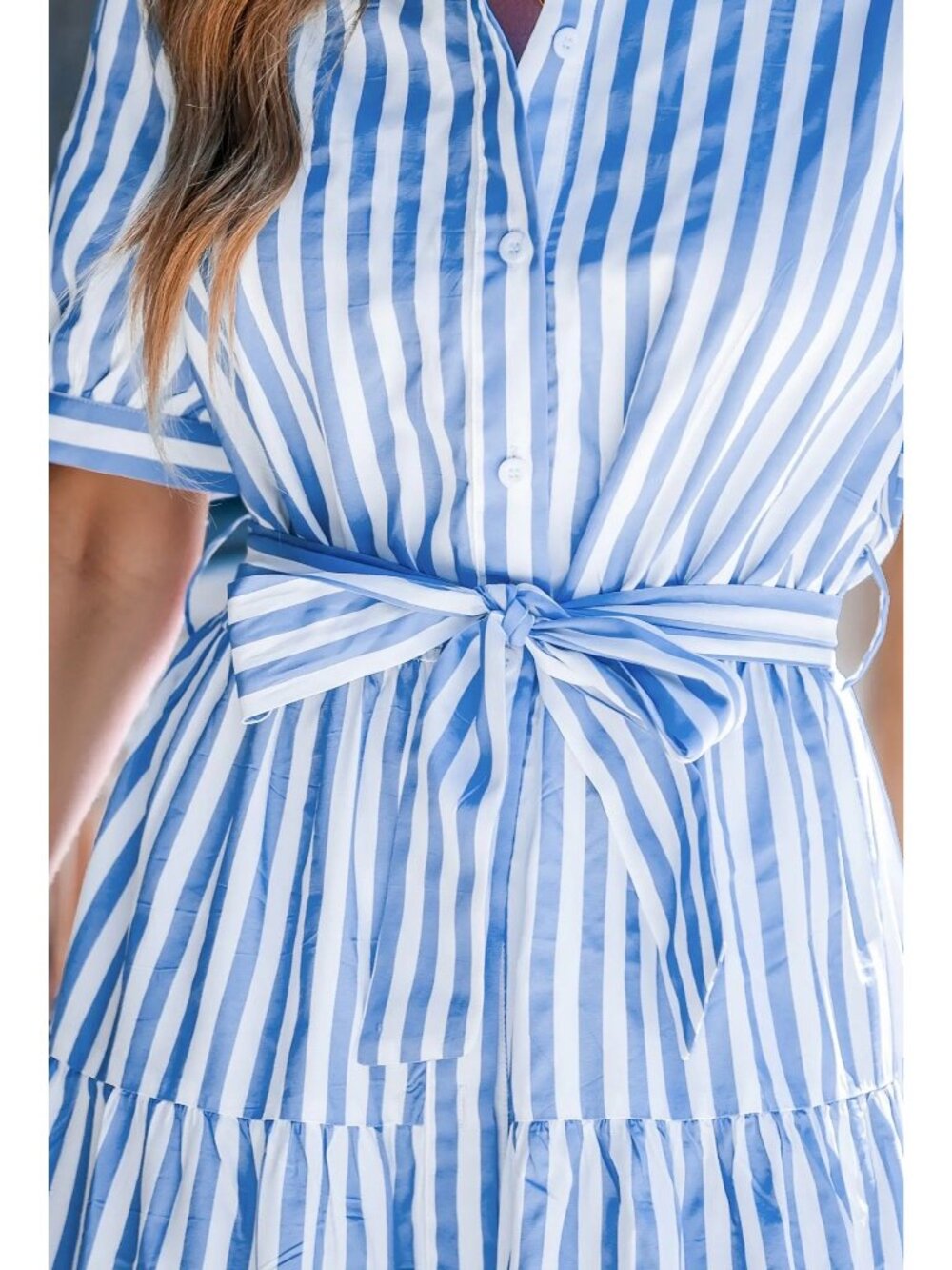 NWT Cupshe Blue Striped Puff Sleeve Front Button Maxi Dress - Size: Small - Picture 11 of 13
